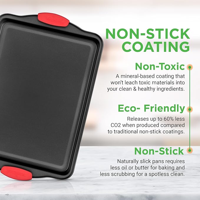 NutriChef 3-Piece Nonstick Kitchen Oven Baking Pans - Premium Stylish Non-Stick Steel, Commercial Grade Restaurant Quality Metal Bakeware with Red Silicone Handles - Easy to Clean, NCSBS3S