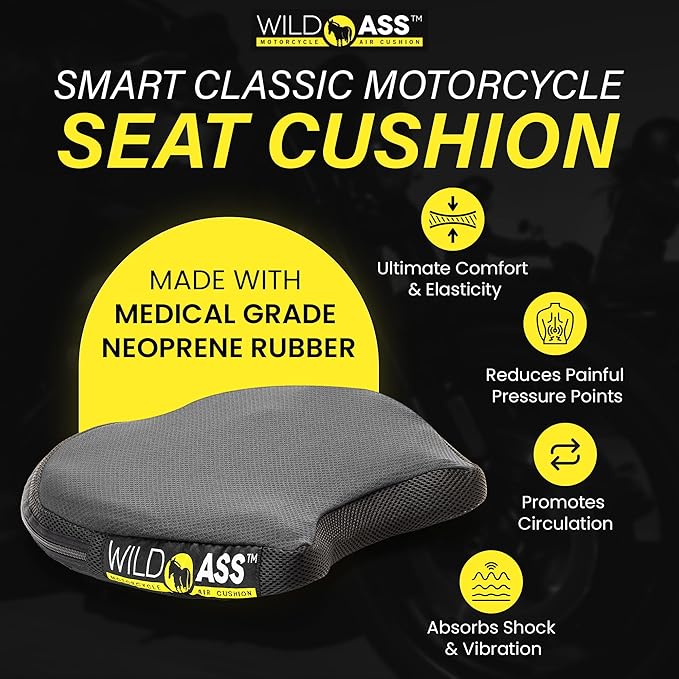 Motorcycle Air Gel-Classic Smart Seat - Ergonomic Universal Fitting Air Adjusting Pad with Straps - Ultimate Rider Comfort & Relief, Cool Flow Motorcycle Accessories for Long Rides - Black