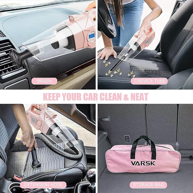 VARSK 4-in-1 Car Vacuum Cleaner High Power, Presents for Her Women Girls Mom, Pink Handheld Car Vacuum Portable Tire Inflator with Digital Tire Pressure Gauge LCD Display and Light, 12V DC, 15FT Cord
