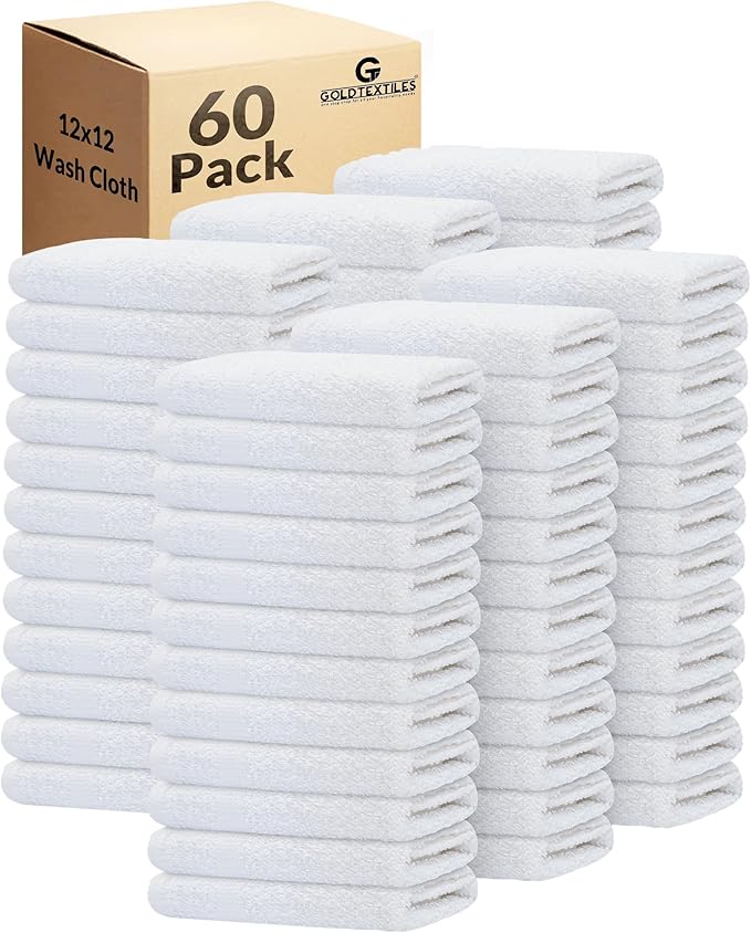 GOLD TEXTILES 60 Pack Economy White Washcloths Set (12x12 inches) - Cotton Blend Commercial Grade Cleaning Rags, Quick Drying Soft Face Cloths, Fingertip Towels for Bathroom, Spa, Gym, and Kitchen