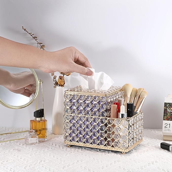 Sumnacon Square Crystal Tissue Box Cover -Sparkling Cube Tissue Box with Side Organizer,Decorative Tissue Holder for Living Room Vanity Night Stand Desk Countertop Office, Gold
