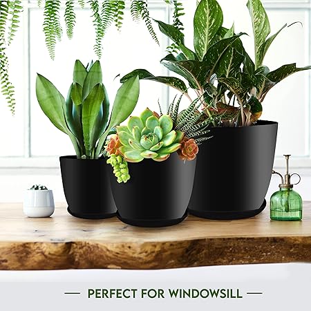 Utopia Home - Plant Pots Indoor with Drainage - 76.665.34.8 Inches Home Decor Flower Pots for Indoor Planter - Pack of 5 Plastic Planters for Indoor Plants, Cactus, Succulents Pot - Black