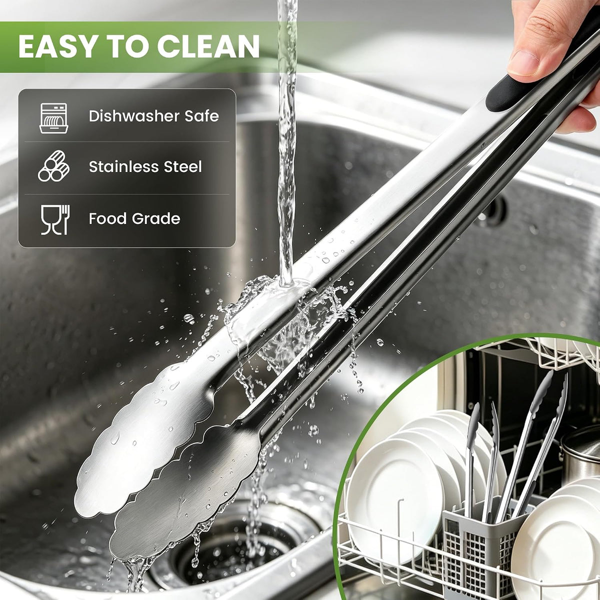 7/9/12 Inch Kitchen Tongs Set, Stainless Steel Cooking Tongs (7"+9"+12") For Cooking/Serving/Grilling | Heat-Resistant | Dishwasher Safe
