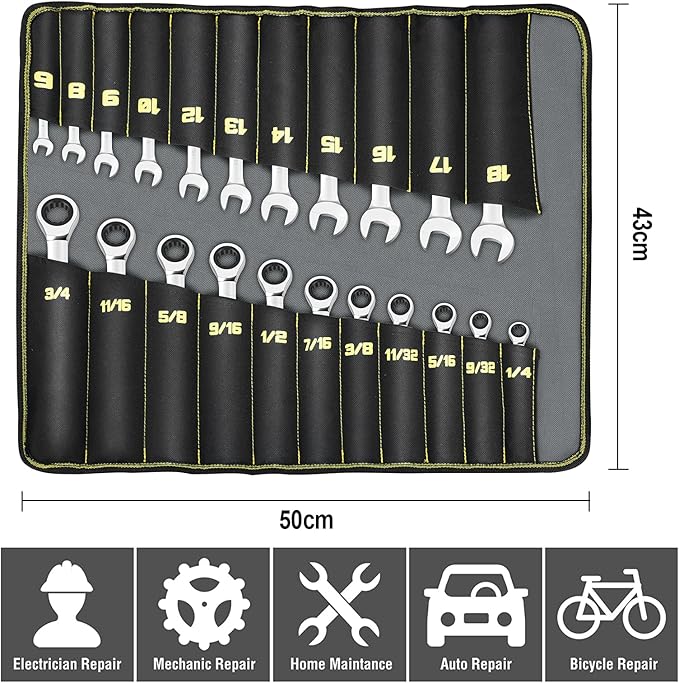 Ratcheting Wrench Set, 22-Piece 72 Teeth Ratchet Wrench Chrome Vanadium Steel with Roll Up Pouch