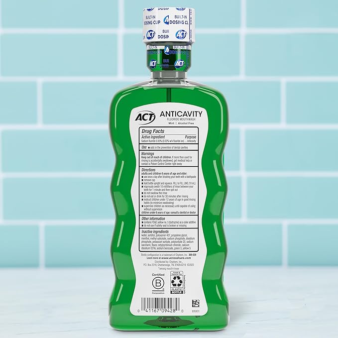 ACT Anticavity Zero Alcohol Fluoride Mouthwash 18 fl. oz., With Accurate Dosing Cup, Mint