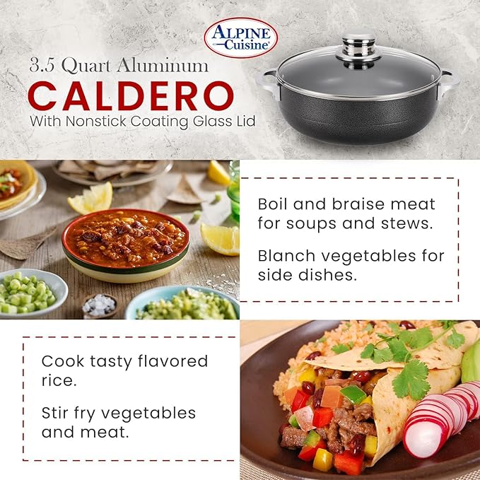 Alpine Cuisine 3.5 Quart Nonstick Cauldron with Glass Lid Multipurpose Aluminum Dutch Oven for Braising - Boiling - Stewing Nonstick Coating with Black Finish
