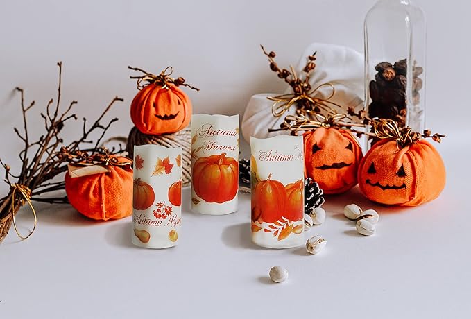 Lordearon Fall Pumpkin Flameless Candles Real Wax LED Battery Operated Pillar Candles with Timer, Thanksgiving Decor Set of 3,Warm Light