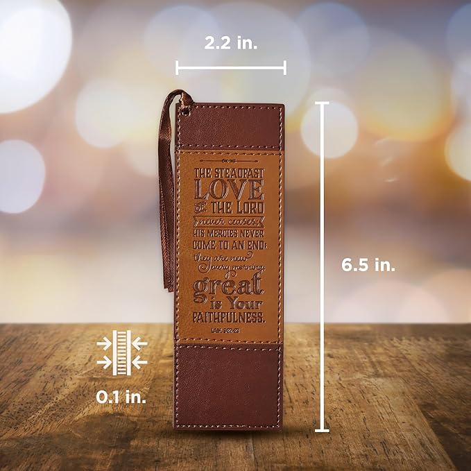 Christian Art Gifts Premium Vegan Leather Bookmark for Men: Steadfast Love - Lamentations 3:22-23 Inspirational Bible Verse, Heat-Debossed, Faith-Based Reading Accessory, Two-Tone Brown with Tassel