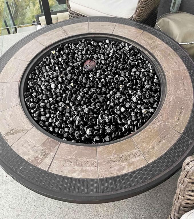 GRISUN Onyx Black Fire Glass Diamonds for Fire Pit, 1 Inch High Luster Reflective Tempered Glass Rocks for Natural or Propane Fireplace, Safe for Outdoors and Indoors Firepit Glass, 20 Pounds