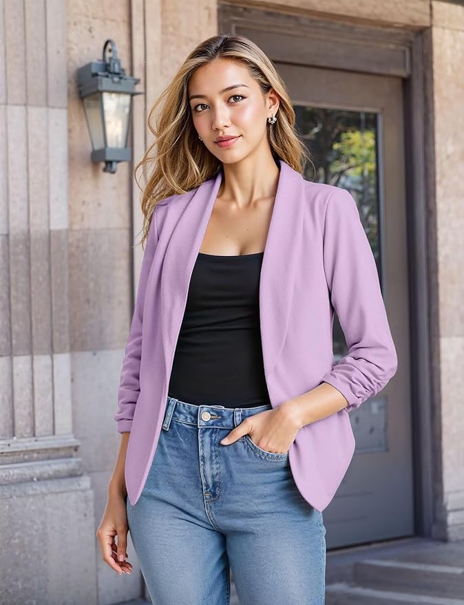 Hybrid Company Lightweight Open Front Cardigan Classic Ruched Sleeve Work Office Blazer Suit Jackets