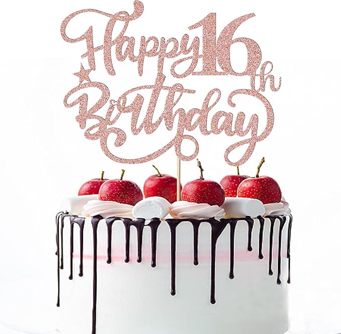 Happy 16th Birthday Cake Topper, Rose Gold Glitter Birthday Sign, 16 & Fabulous Cake Decorations, 16th Anniversary/Party Decoration Supplies