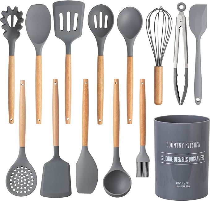 Country Kitchen Non Stick Silicone Utensil Set with Rounded Wood Handles for Cooking and Baking, 14 Piece Set, Gray