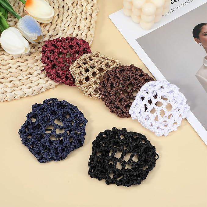 12 Pcs Bun Cover Crochet Bun Cover for Hair Stretchy Hair Bun Covers for Women 6 Colors Edge Mesh Hair Bun Cover for Dancer Skater Bank Clerk