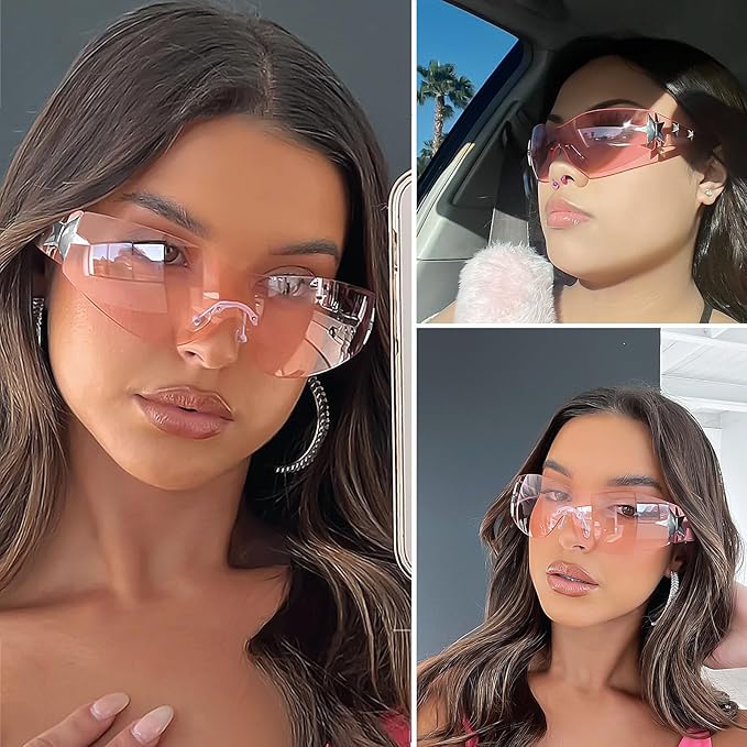 Rimless Y2K Sunglasses Star Wrap Around Glasses 2000S Accessories for Women Men Trendy Fashion Cool Shield Shades