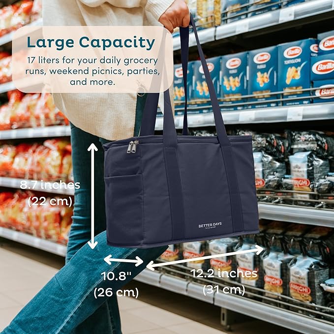 Reusable Insulated Grocery Bag - Leak Proof, Regular Insulated Cooler Bag - Insulated Shopping Bags for Groceries - Travel Cooler Bag for Frozen Hot Food with Zippered Top - for Beach, Picnic (Blue)