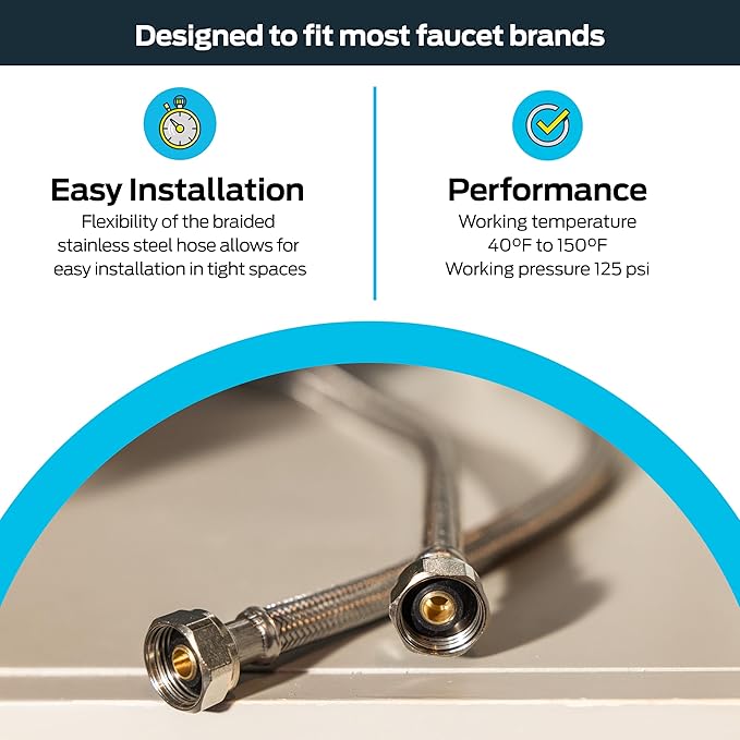 Eastman 12 Inch Steel-Flex Faucet Connector, 12 Inch FIP x 12 Inch FIP, Braided Stainless Steel Faucet Supply Line, 48015