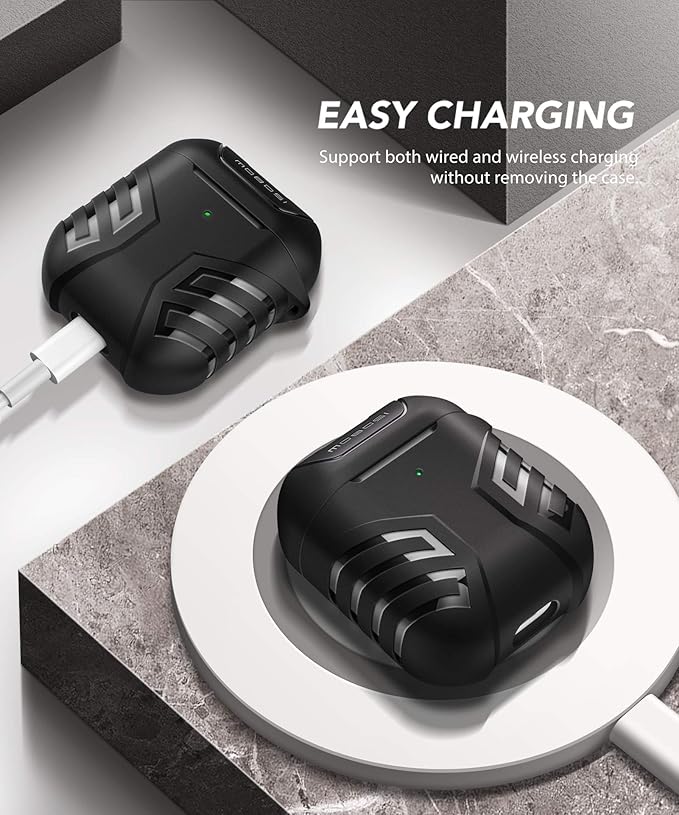 MOBOSI Military Cover Designed for AirPods 2 1, Full-Body Protective Vanguard Armor Series Case with Keychain, Wireless Charging Case, Black Front LED Visible