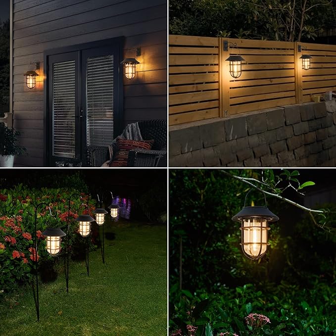 Solar Lantern Outdoor Hanging Solar Lights, Waterproof Metal Outdoor Lights with Clear Glass, LED Edison Bulbs Cordless Decorative Aluminum Wall Lantern with Hooks, Bronze