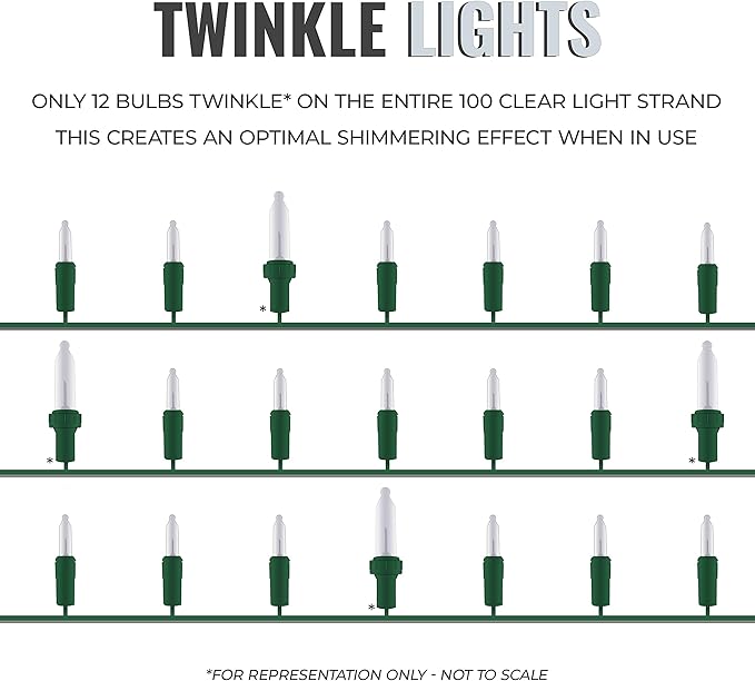 612 Vermont 100 Clear Christmas Lights, 12 Lights Twinkle, Indoor and Outdoor Use, Connect up to 4 Sets, Lighted Length 20.6', Total Length 21.8'