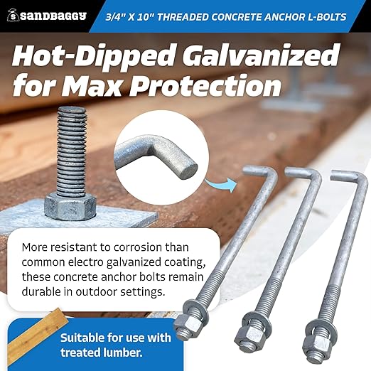 Sandbaggy 34" x 10" Threaded Concrete Anchor L-Bolts (Nuts Washers Included) - Hot Dipped Galvanized - Sill Plate, Base Plate, Masonry, Wood, Cement Anchors, J Bolt (1, 34" x 10")