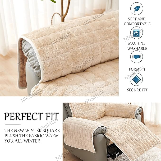 Sofa Armrest Cover, Headrest Cover for Recliner Chair Arm Cover, Winter Square Plush Armchair Slipcover Nonslip Furniture Protector for Pets Leather Sofa Couch (Beige,1 seat(53 * 190CM))