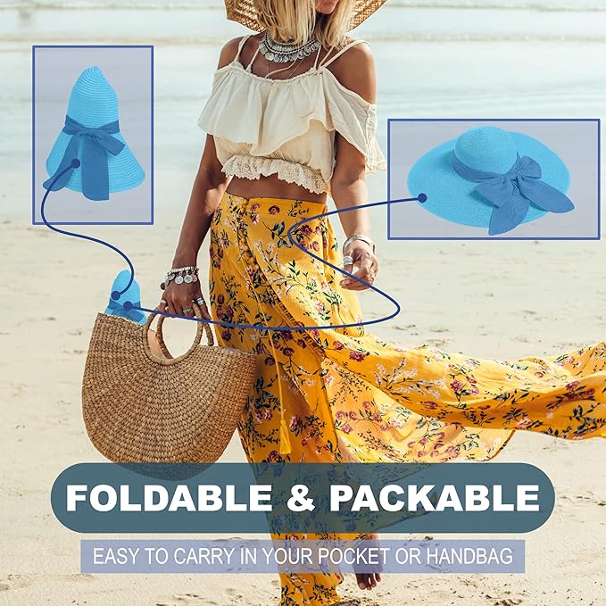 Women's Wide Brim UPF 50+ Straw Sun Hat with Bow - Foldable Packable Summer Beach Hat with Chin Strap