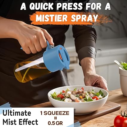 Oil Sprayer for Cooking, 2 in 1 Olive Oil Dispenser Bottle for Cooking,500ml17oz Glass Olive Oil Sprayer, Patented, Continuous Spray with Portion Control, for Kitchen, Air Fryer, Salad, BBQ - Blue