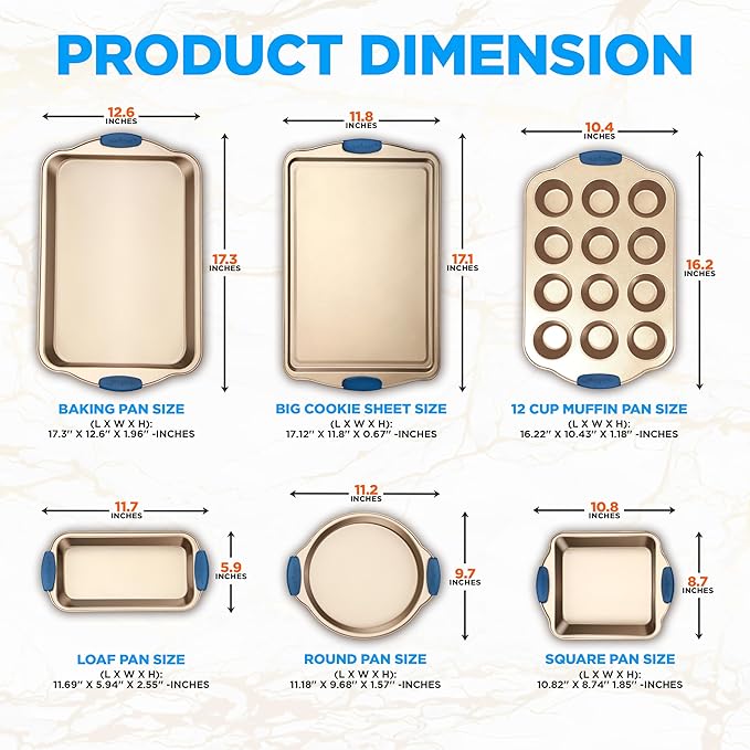 NutriChef 6-Piece Nonstick Bakeware Set - Premium Carbon Steel Baking Trays wHeat-Safe Silicone Handles - Includes Loaf Pan, MuffinCupcake Pan, Round Square Roaster Pans, Cookie Sheet - NCSBSG36
