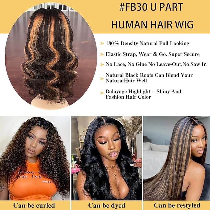 U Part Human Hair Wig Body Wave Highlight 1b30 Ombre Brown Wig Human Hair 180 Density U Part Wig Half Brazilian Virgin Human Hair Wigs For Black Women Clip In Glueless No Leave Out Wig 18Inch