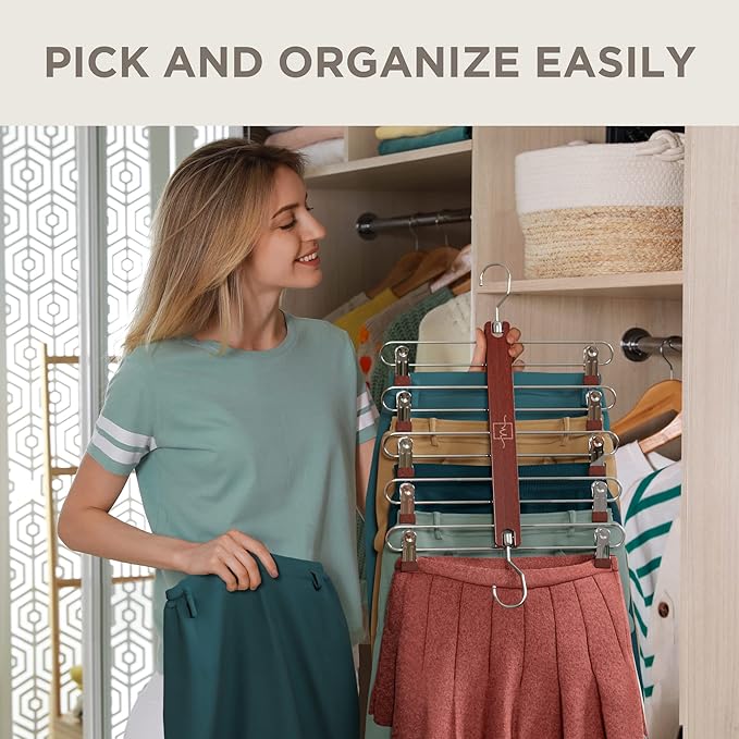 MORALVE Skirt Hangers Space Saving with Clips - 2 Pack - European Beechwood 5-Tier Hanger for Shorts, Skirts, and Pants - Closet Organizer and Storage Solution for Women with 360 Swivel Hook