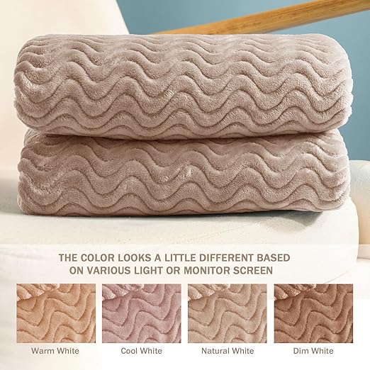Exclusivo Mezcla Camel Fleece Throw Blanket for Couch Bed, Super Soft Cozy Blankets with Decorative Wave Textured, Lightweight Plush All Season Use, 50x70 Inches