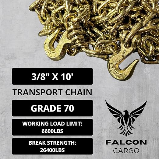 38" X 10' Grade 70 Transport Binder Chain - 6600LB WLL - Clevis Grab Hook, Tie-Down, Towing