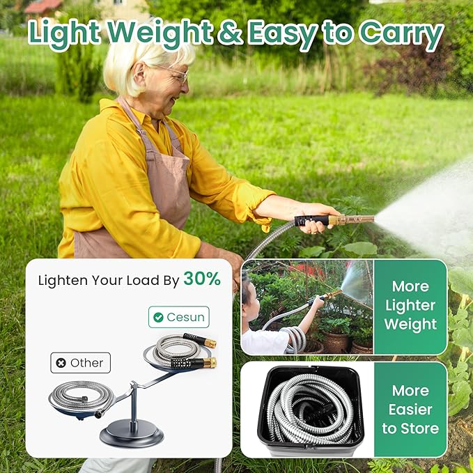 Cesun Metal Water Hose 50 ft, Outdoor Heavy Duty Garden Hose, Flexible, No Kink and Lightweight Stainless Steel Garden Hose for RV, Outdoor, Yard, Lawn, 50 foot x 5/8", Female to Male