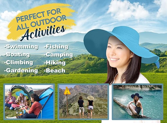 Women's Wide Brim UPF 50+ Straw Sun Hat with Bow - Foldable Packable Summer Beach Hat with Chin Strap