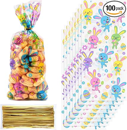 Chuangdi 100 Pack Easter Treat Bags Bunny Candy Cellophane Bag Easter Egg Goodie Cooikes Gift for Party Favor Supplies(Rabbit Style)