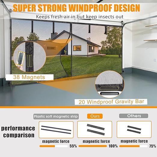 Garage Screen Doors for 2 Car Garage-16x7FT Fiberglass 2300g/5.1lb Durable Heavy Duty Magnetic Garage Door Screen Hands Free with 6 Roll Up Starps for Patio, Outdoor, Gym, Crafts Sun House Porch