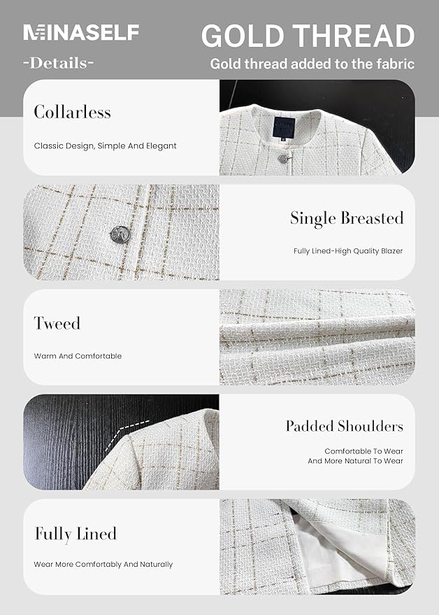 2025 Women's Spring Cropped Blazer Jacket Tweed Plaid Open Front Collarless Casual Business Office Suit Pockets