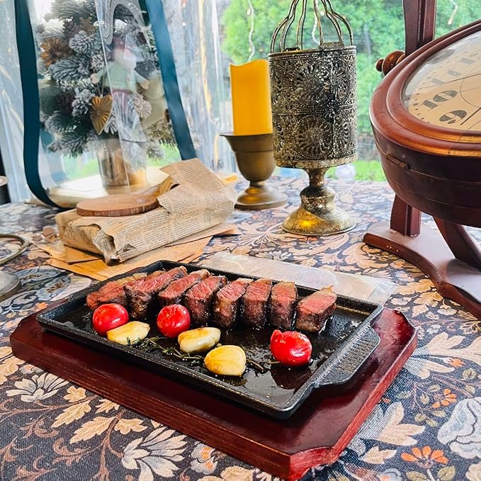 Cast Iron Steak Plate, Grill Pans, Sizzle Griddle with Wooden Base, Steak Pan, Griddle Grill Pan with handles (Plate 9.9" x 6")