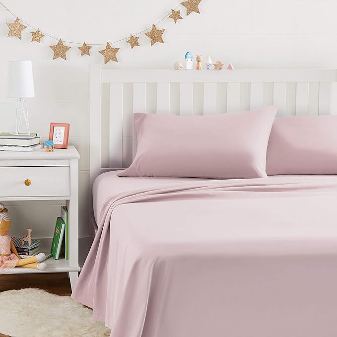 Basics Kid's Soft Easy-Wash Lightweight Microfiber 4-Piece Sheet Set, Full, Light Pink, Solid