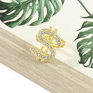Ring, Crystal Dollar Sign Ring Money Symbol Ring Hip Hop Jewelry Rapper Punk Costume Props Golden Adjustable Open Ring