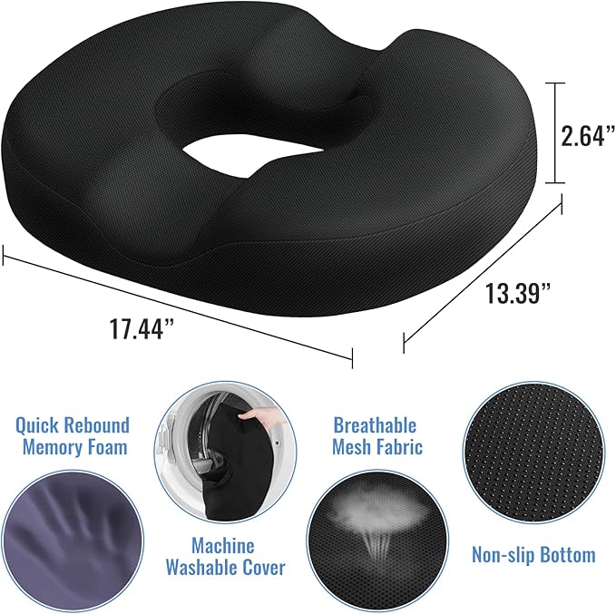 Donut Pillow Seat Cushion Chair Pad for Tailbone Pain Relief and Hemorrhoids, Memory Foam Seat Chair Cushion for Postpartum Pregnancy, Seat Cushions for Men and Women for Home Office, (Black)