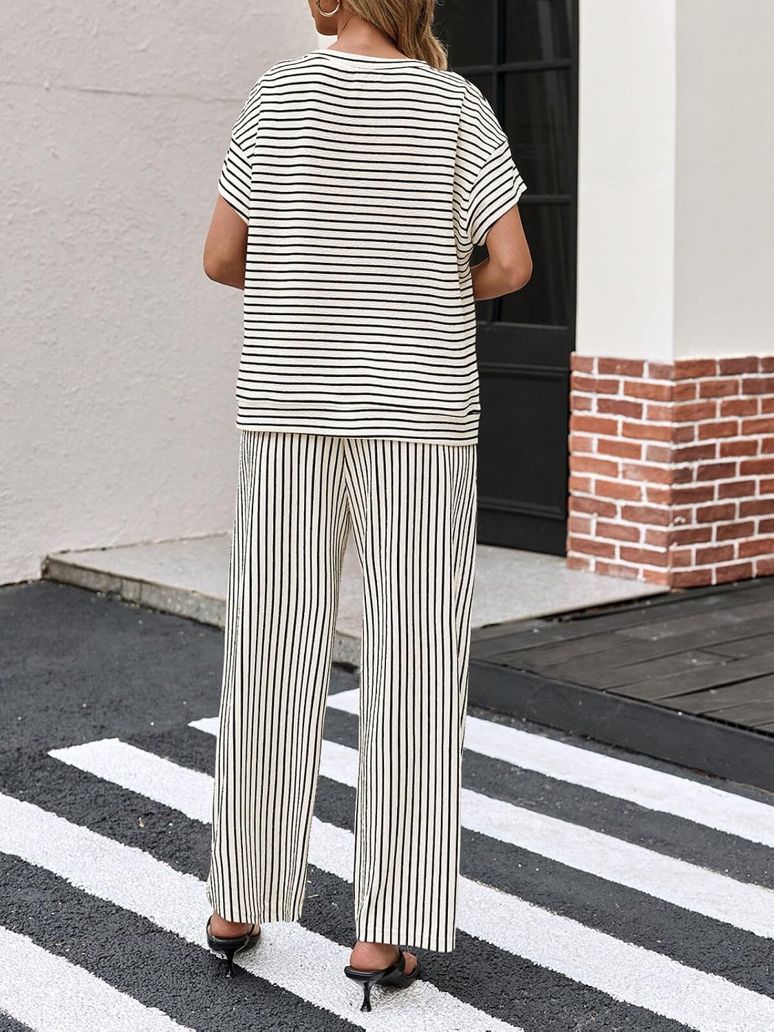 Tankaneo Womens Striped 2 Piece Sets Short Sleeve T Shirts Wide Leg Pants Matching Lounge Set with Pockets