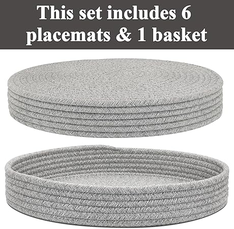 Round Placemats Set of 6 with Holder, Cotton Rope Woven Place Mats, Hot Pads for Kitchen, Heat Resistant Table Mats, 13 Inch Farmhouse Washable Braided Placemat for Kitchen Decor (Gray)