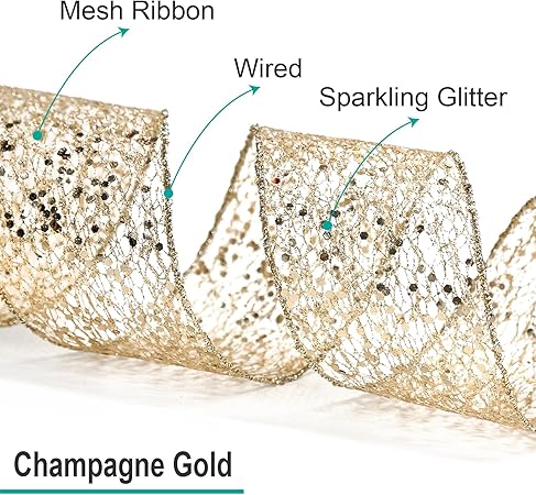 CT CRAFT LLC Sparkling Glitter Mesh Wired Ribbon 2.5" x 10 Yards Champagne Gold for Christmas Home Decor Bow Gift Wrapping DIY Crafts Wreath