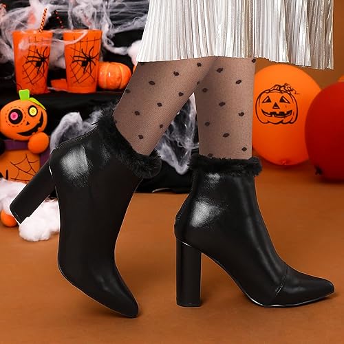 Allegra K Women's Pointed Toe Faux Fur Block Heel Ankle Boots