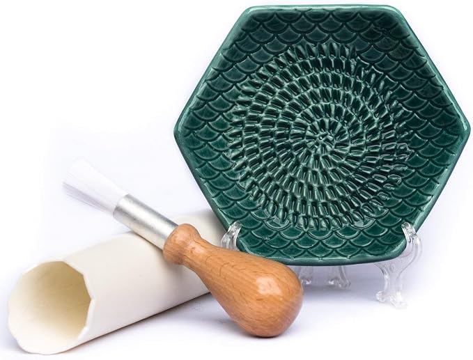 3 Piece Handmade Ceramic Garlic Grater Set - Grater, Peeler, Brush