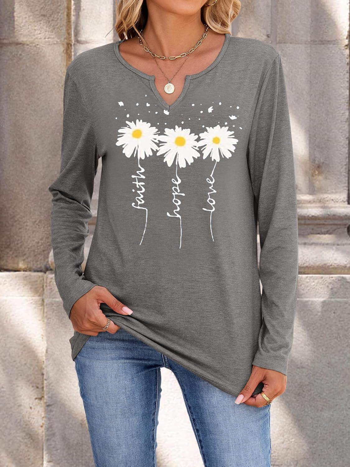Womens V-Neck Long Sleeve T-Shirt Flower Graphic Tees Fall Fashion Boho Tops Tshirts Loose Casual Western Country T Shirts