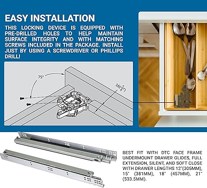 Pair of DTC Undermount Drawer Slide Plastic Front Locking Device, Grey with Screws Included