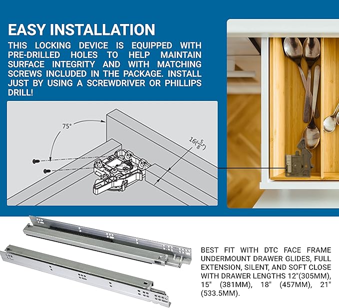 10 Pairs of DTC Undermount Drawer Slide Plastic Front Locking Device, Grey with Screws Included