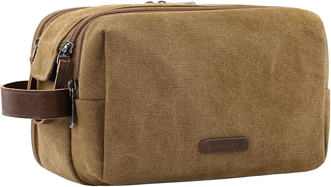 BAGSMART Toiletry Bag for Men, Canvas Travel Toiletry Organizer Dopp Kit Water-resistant Shaving Bag for Toiletries Accessories,Khaki-Medium